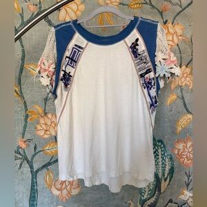 New Free People White and Blue Embroidered Tee